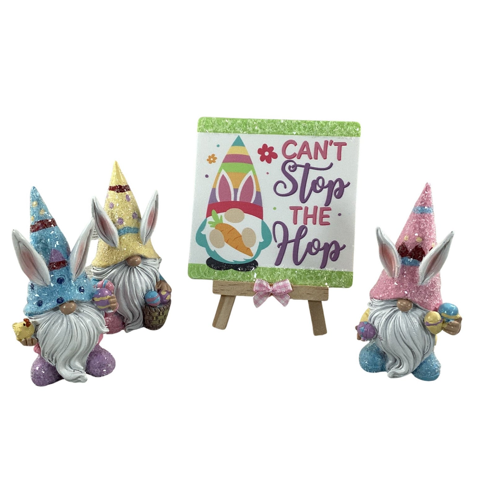 AGD Easter Decor - Resin Gnome Glitter Bunny Rabbit Tier Tray 4pc Set