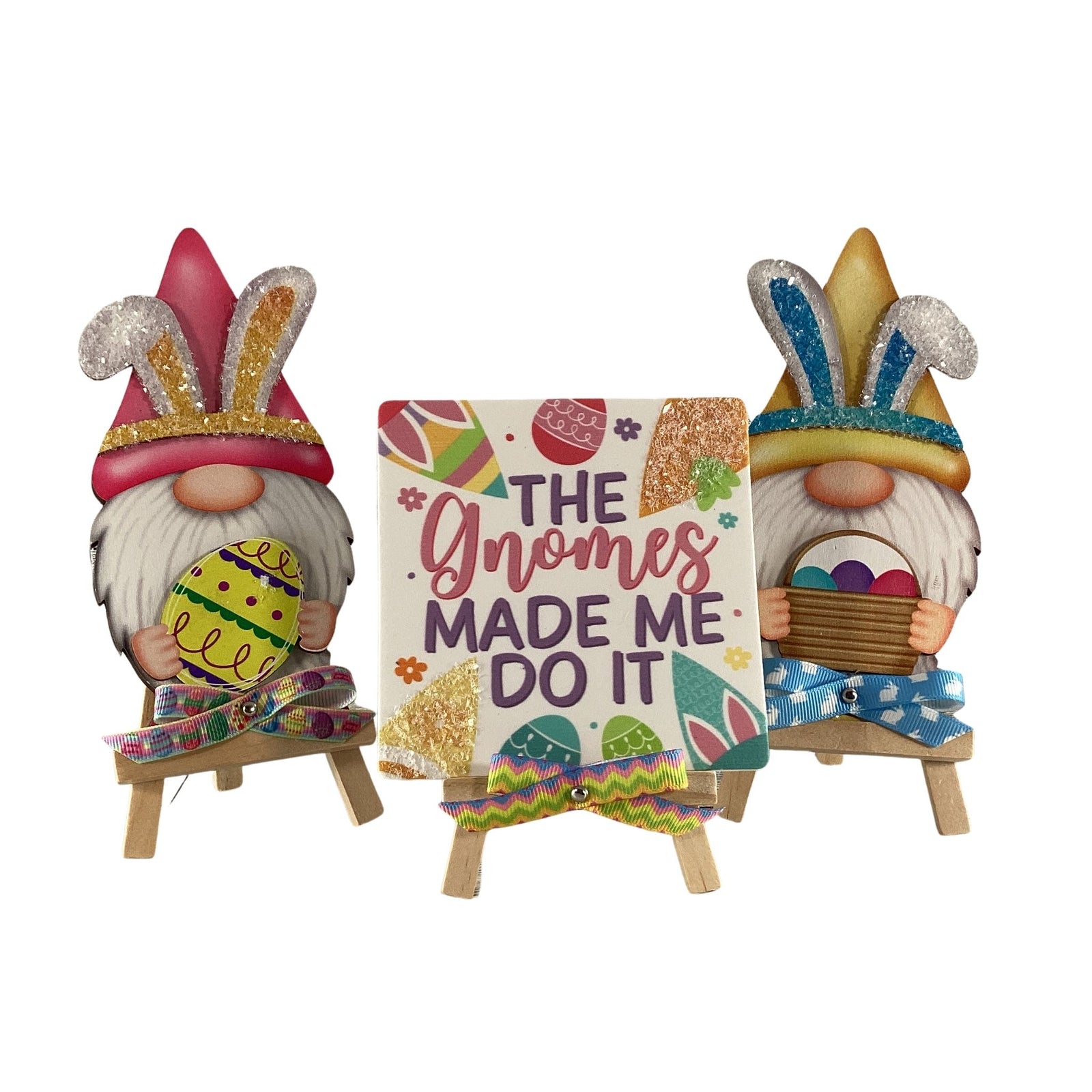 AGD Easter Decor - Wood Gnome Glitter Bunny Rabbit Tier Tray 3pc Set