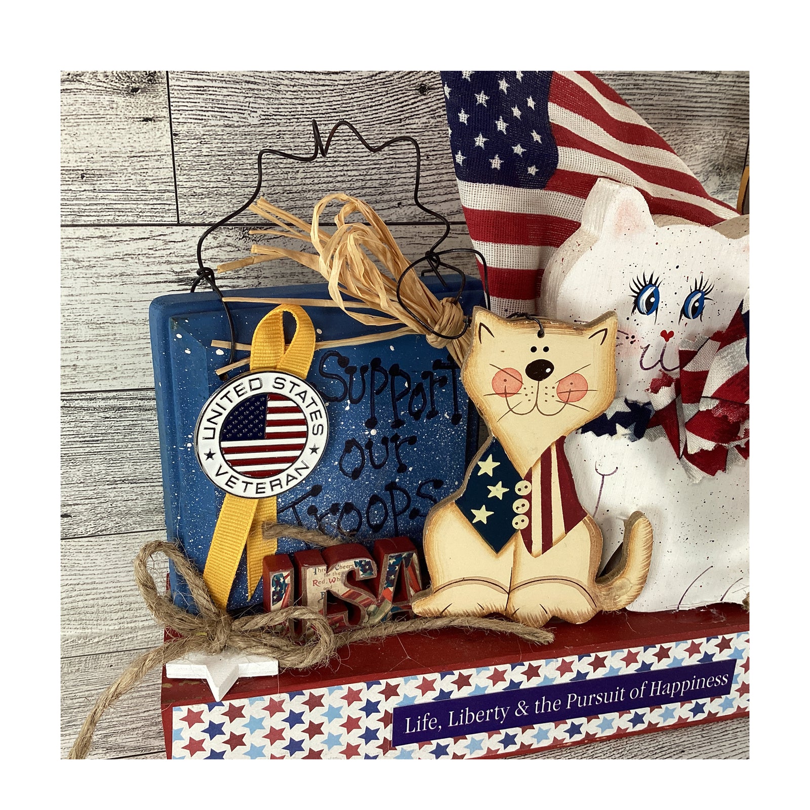 AGD  Patriotic Decor - Chunky Wood July 4th Cat Veterans Flag Collage