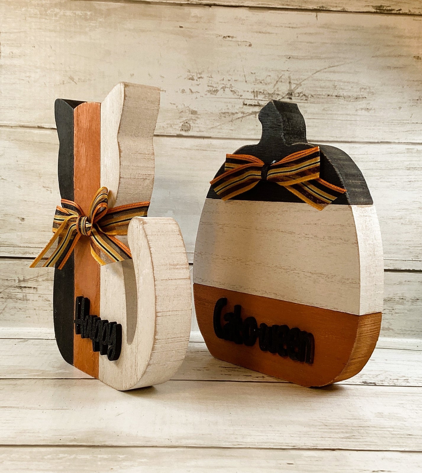 AGD Halloween Decor - Black White Orange Slat Cat and Pumpkin 2pc Set