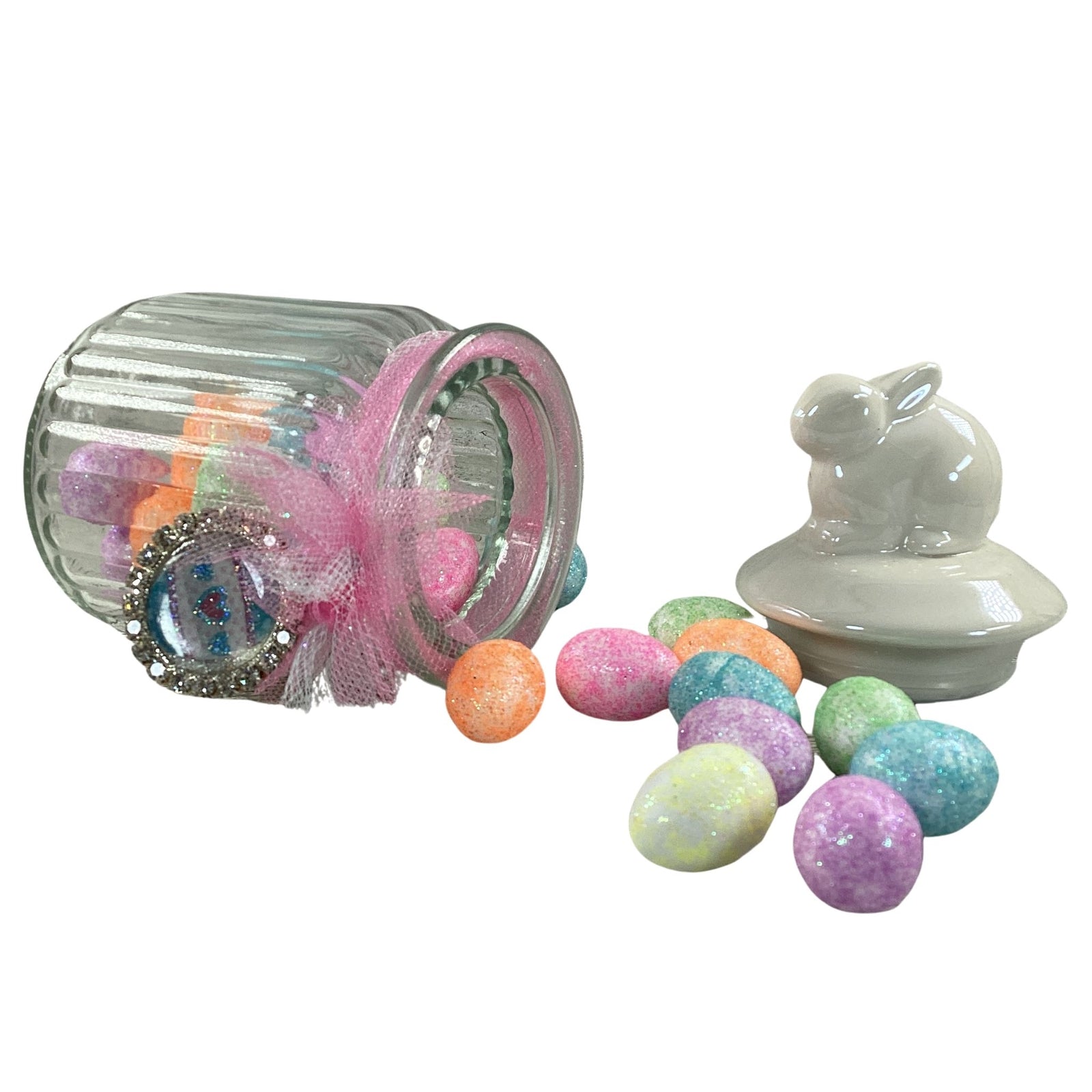 AGD Easter Decor - Small Glass Candy Jar With Foam Glitter Eggs