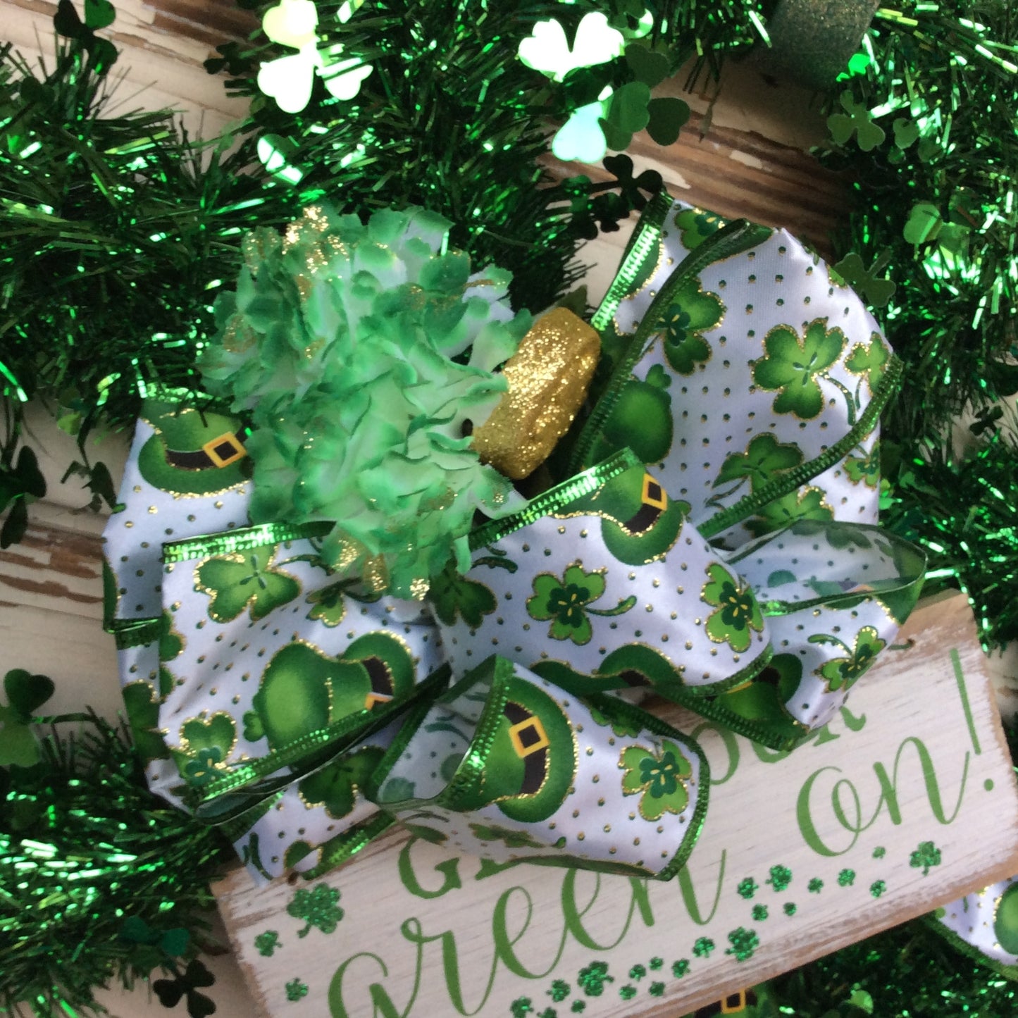AGD St Patrick's Day Decor - Green Tinsel Shamrock Get Your Green On Wreath