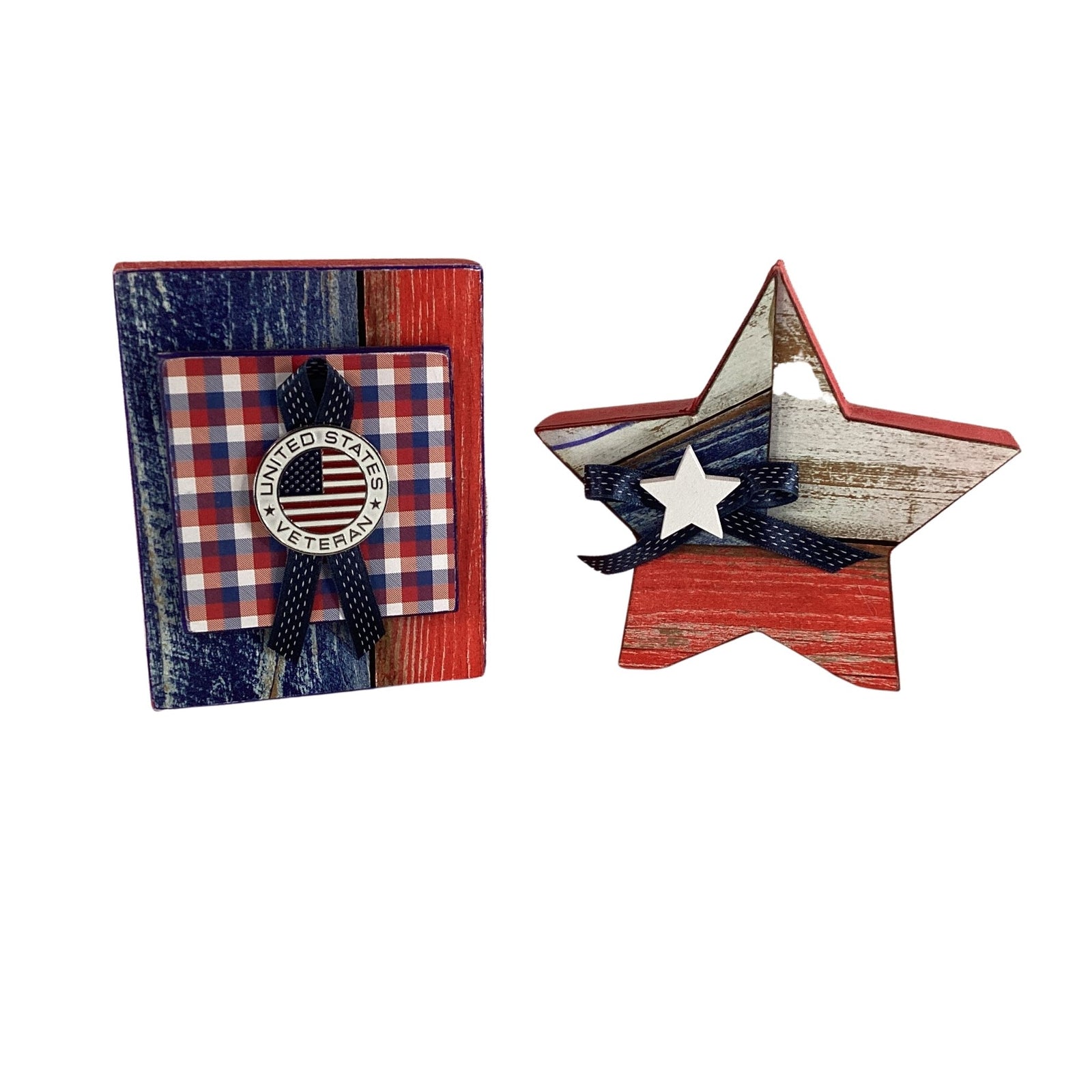 AGD Patriotic Decor - Veteran Block Sign Chunky Wood Star Sitter 2pc Set