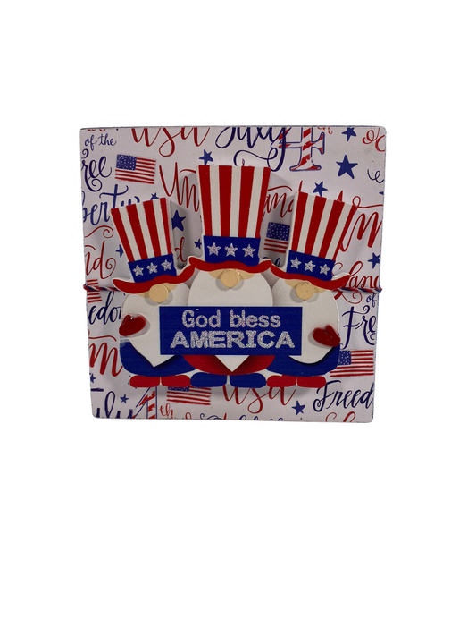 AGD Patriotic Decor - God Bless America Gnome Block Sign