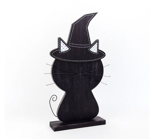 Adams & Co. Halloween Decor - Large Cute Black Cat Witch Hat Wood Sitter