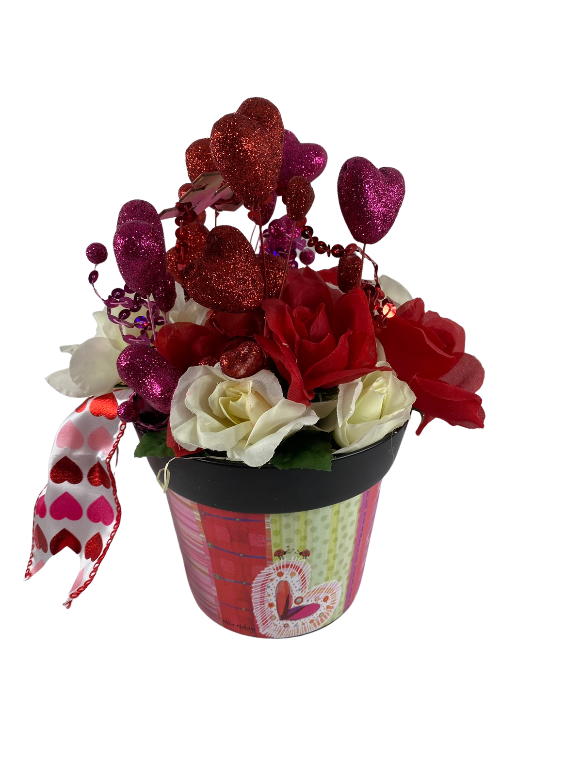 AGD Valentines Decor  – Pink Red White Roses Floral  Medium Centerpiece