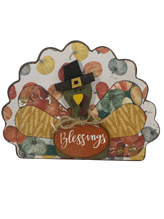 AGD Fall Decor - Reversible Blessings Welcome Fall Chunky Wood Turkey Sign