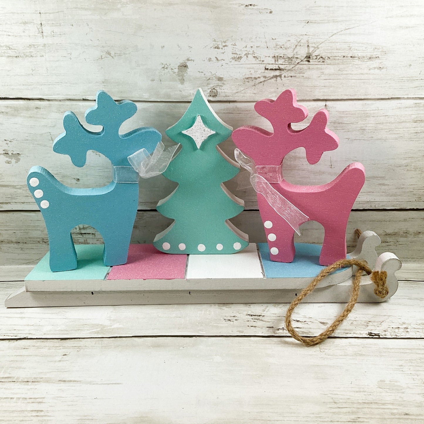 AGD Christmas Decor - Pastel Mid Century Sled Reindeer Tier Tray 4pc Set