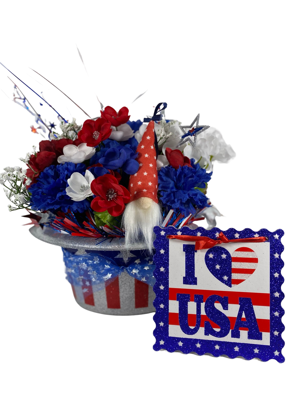 AGD Patriotic Decor  - Love the USA July 4th Gnome Floral Hat Centerpiece