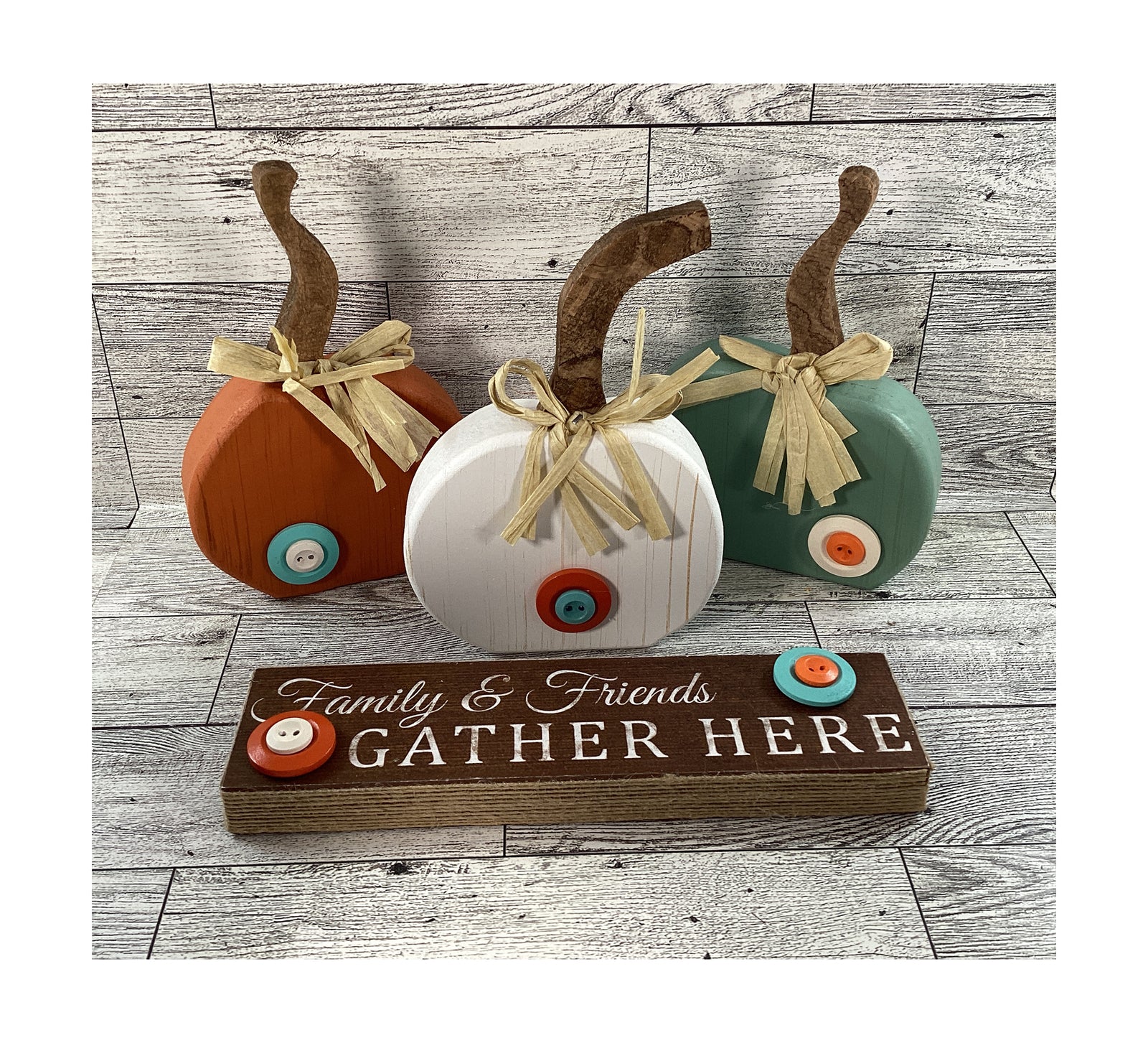AGD Fall Decor - Gather Here Sign Chunky Whimsy Pumpkins 4pc Set