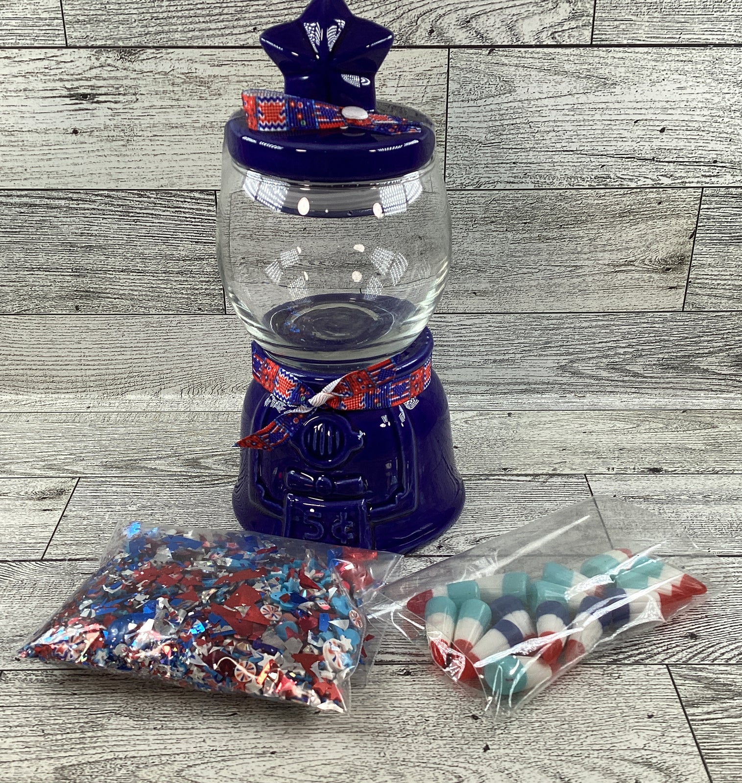 AGD Patriotic Decor - Small Ceramic Blue Gumball Jar Resin Fake Candy Corn