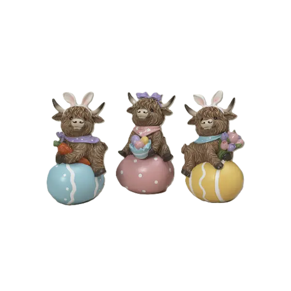 Gerson Easter Decor - Resin Highland Cow on Eggs Figurine 3pc