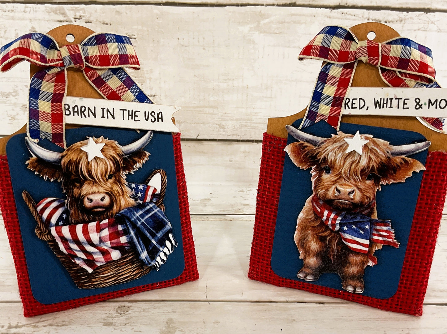 AGD Patriotic Decor- July 4th Red White Moo Highland Cow Signs 2pc