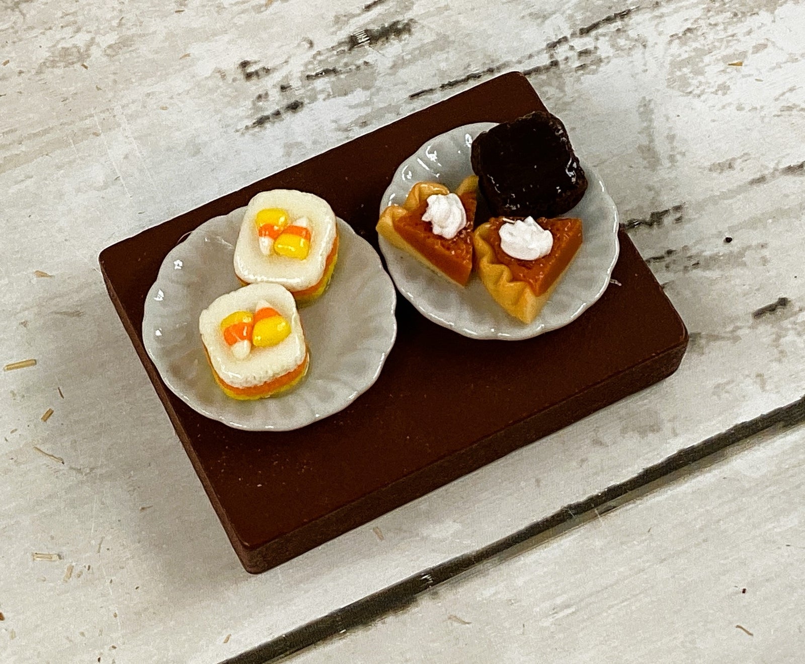 AGD Fall Decor - Miniature Candy Corn Pumpkin Pie on Plates Display