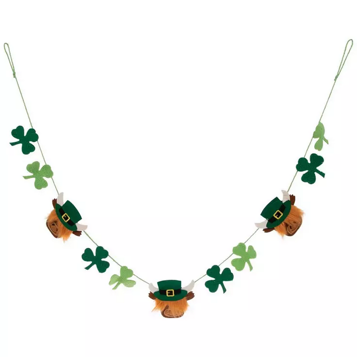 HL St Patricks Day Decor - Highland Cow Shamrock Felt Garland 4.5ft