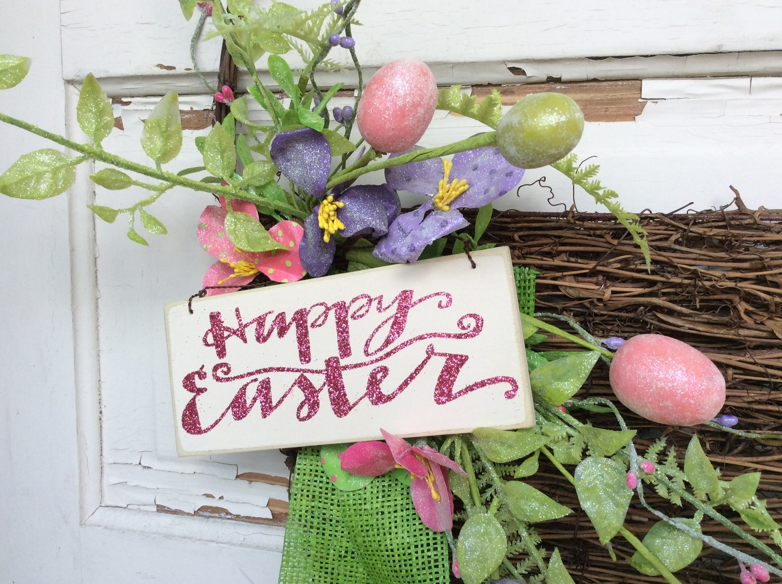 AGD Spring Easter Decor – Happy Easter Pink Glitter Grapevine Basket Wreath
