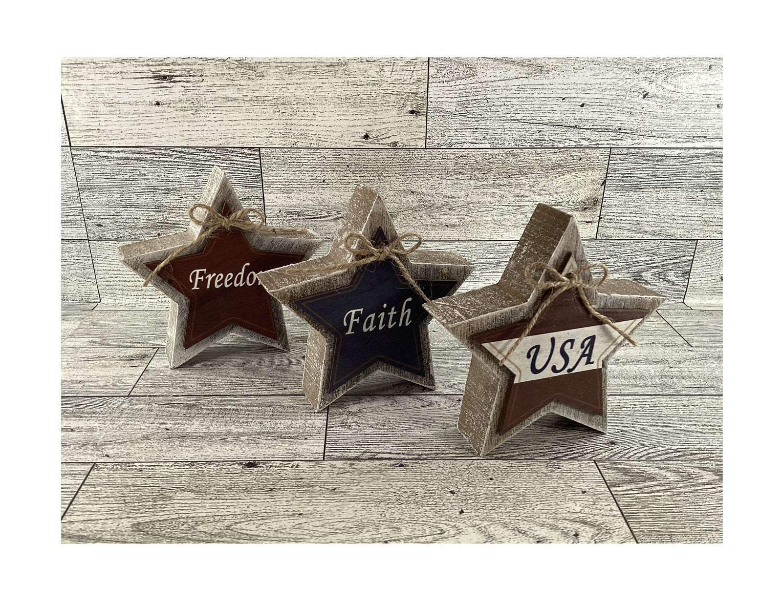 AGD Patriotic Decor - Faith Freedom Weathered Prim Stars Tier Tray 3pc