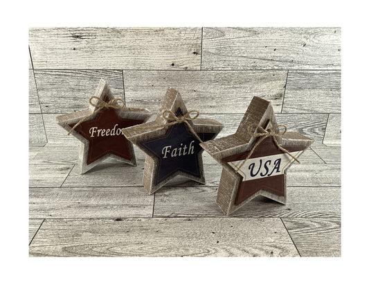 AGD Patriotic Decor - Faith Freedom Weathered Prim Stars Tier Tray 3pc