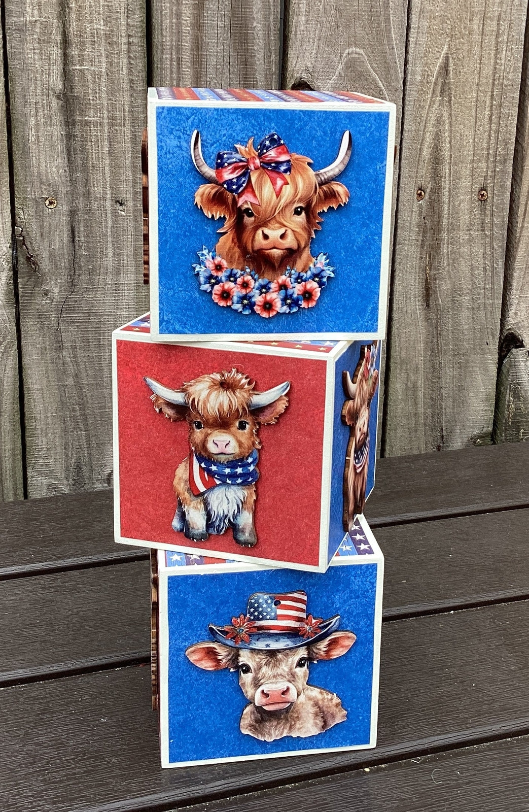 AGD Patriotic Decor - Red White Moo Highland Cow Block Signs 4pc