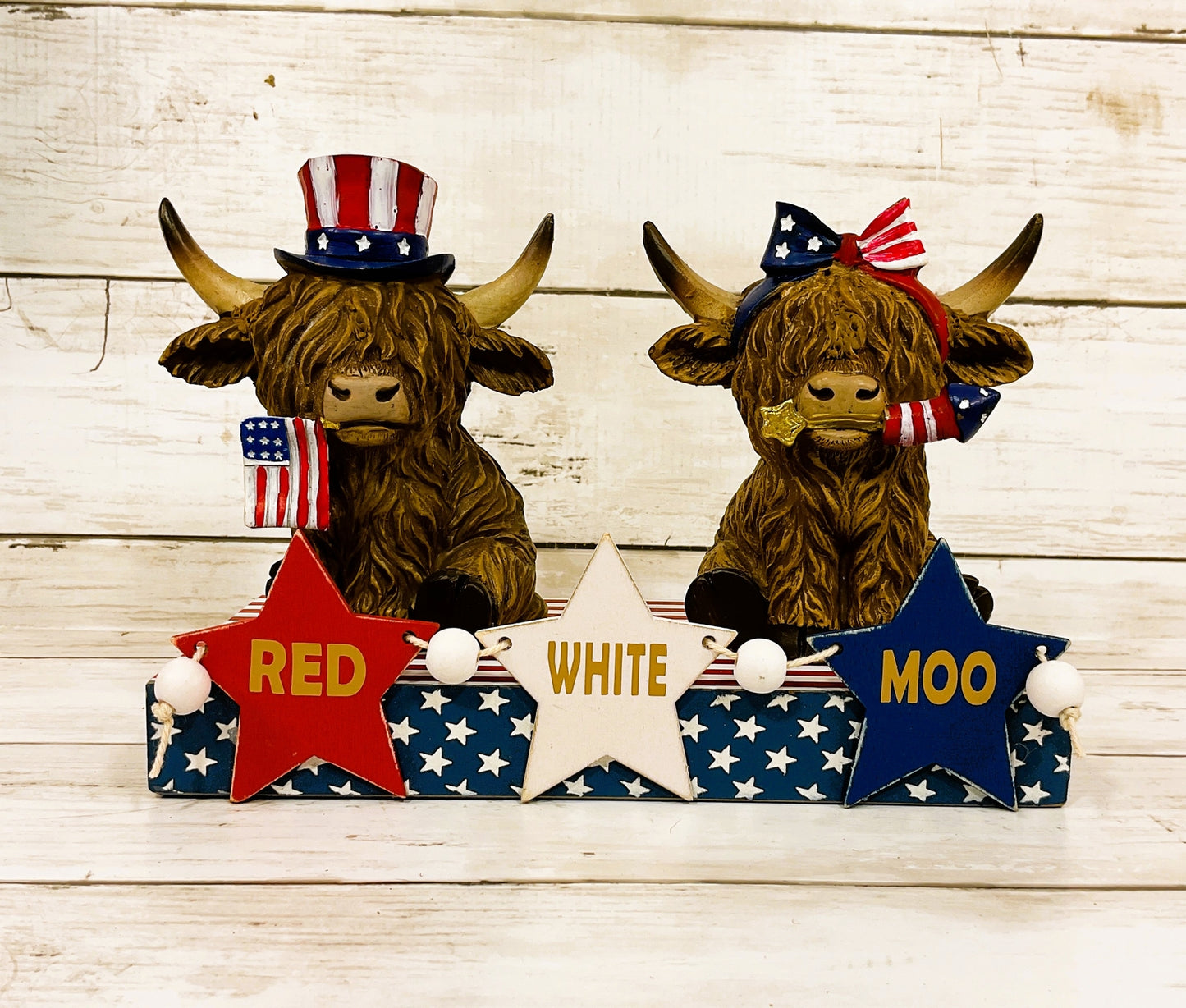 AGD Patriotic Decor - Red White Moo July 4th Resin Highland Cows