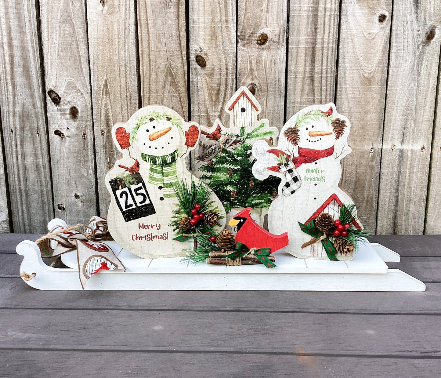 AGD Christmas Decor - Snowmen Cardinal on Sled Mantle Centerpiece 24inch