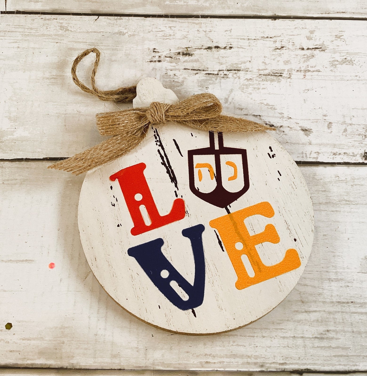 AGD Jewish Decor - Love Hanukkah Menorah Dreidel Wood Ornament