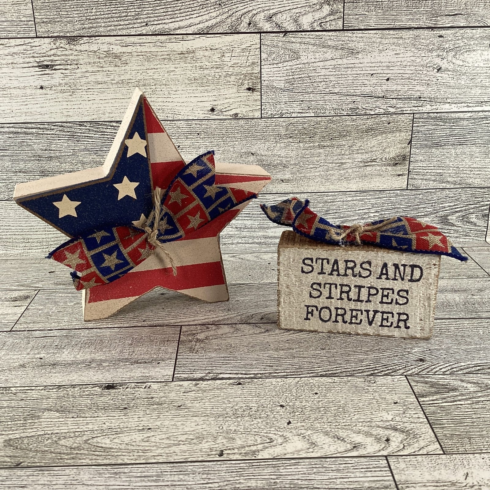 AGD Patriotic Decor - Stars Stripes Block Sign Chunky Wood Star Sitters 2pc Set