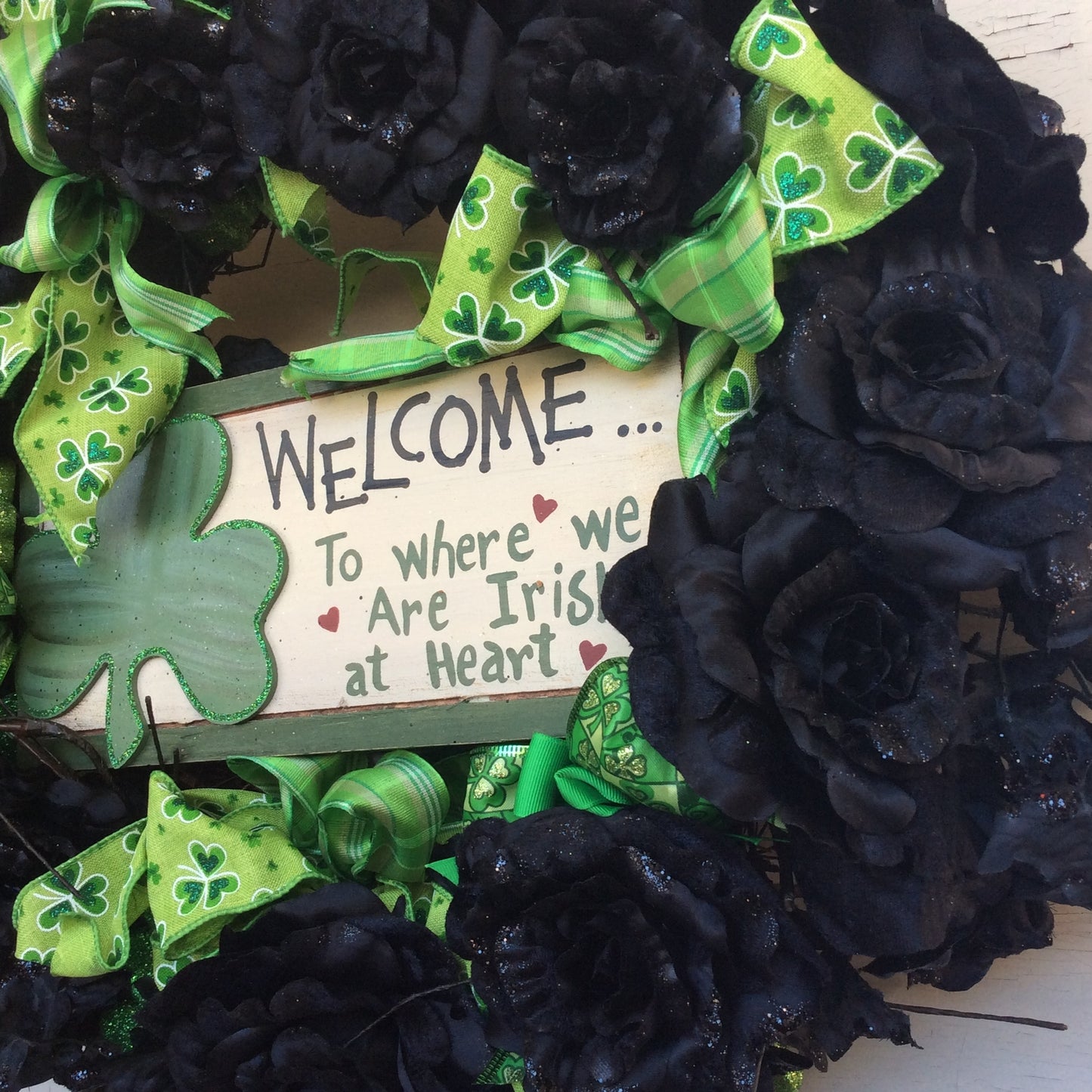 AGD St Patricks Decor - Lighted Black Rose Welcome Irish Heart Wreath
