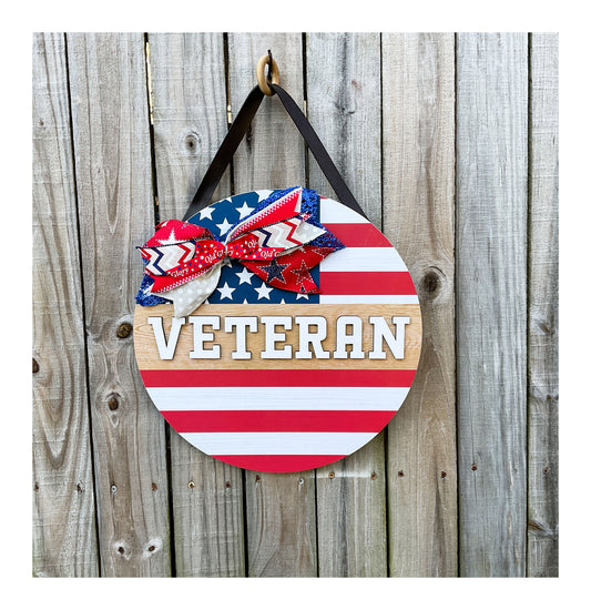 AGD Patriotic Decor - Veteran Wood Wreath Door Wall Sign 15-inch
