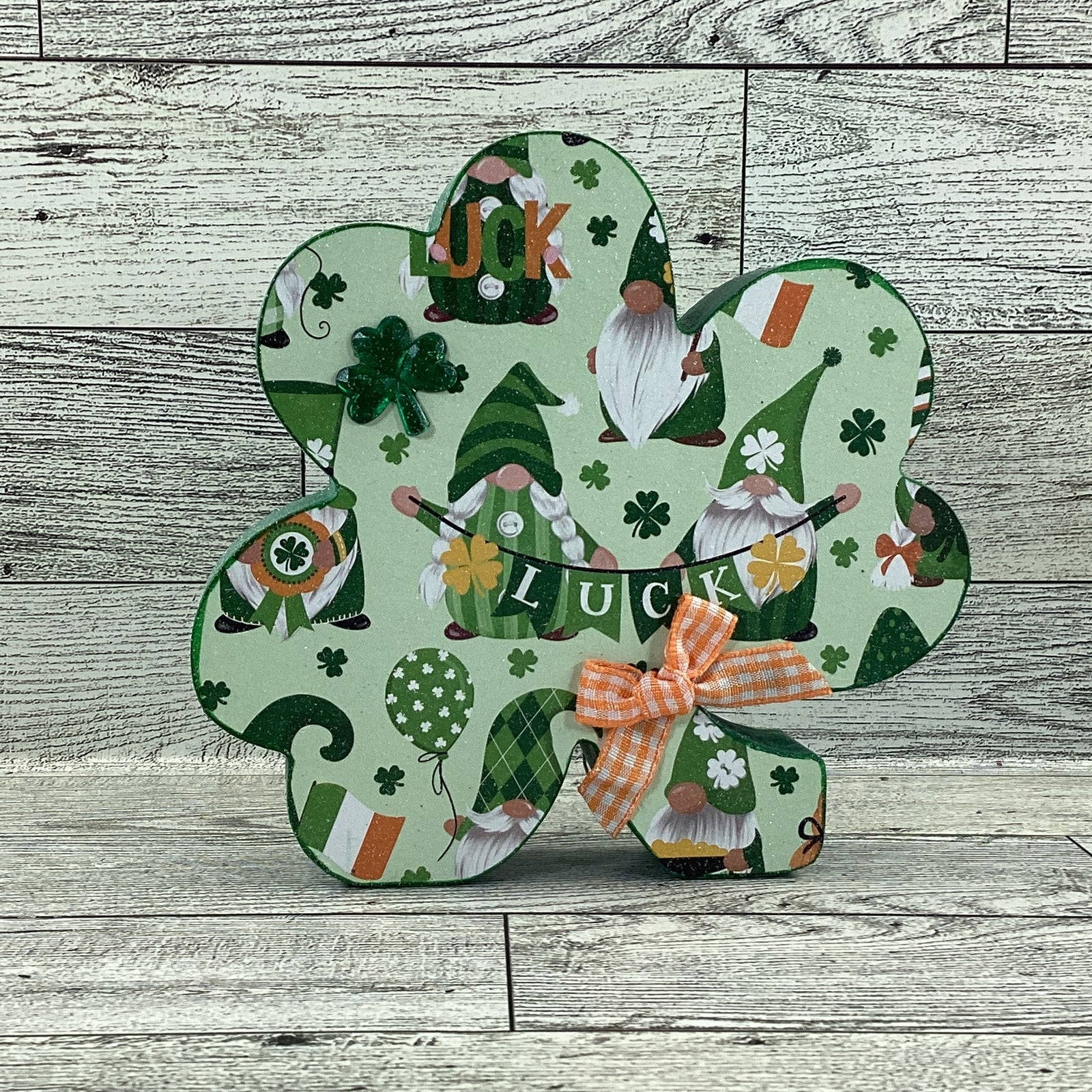 AGD Saint Patrick Decor - Irish Gnome Chunky Wood Shamrock Sitter