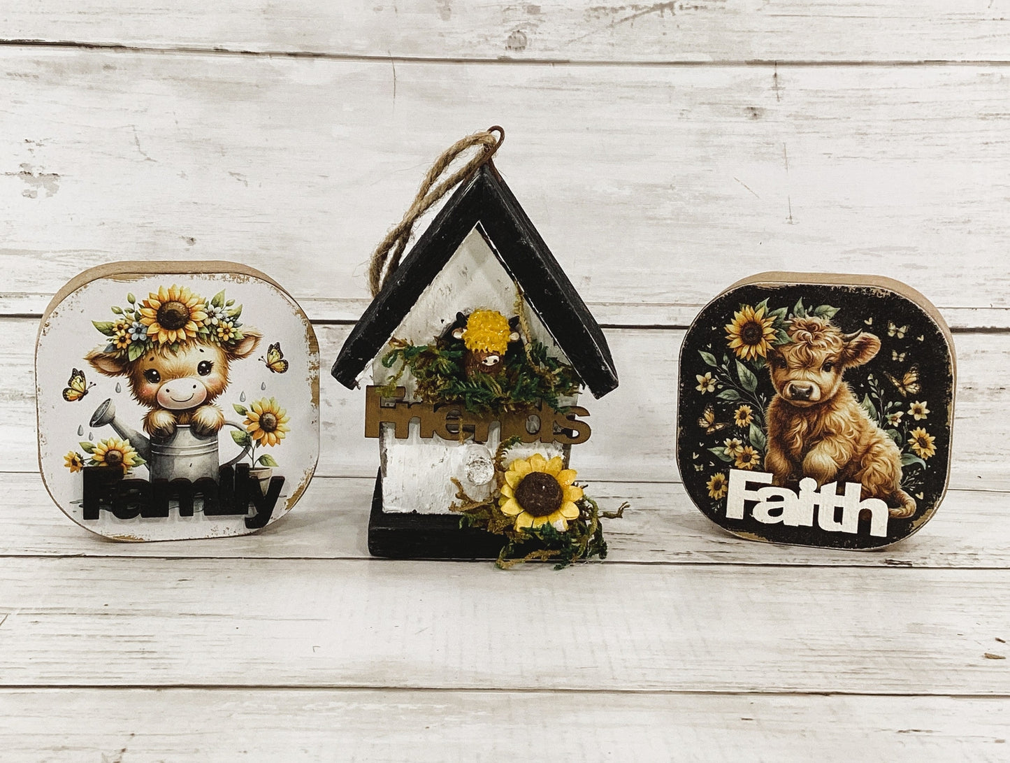 AGD Spring Decor - Sunflower Bird House Highland Cow Tier Tray 3pc