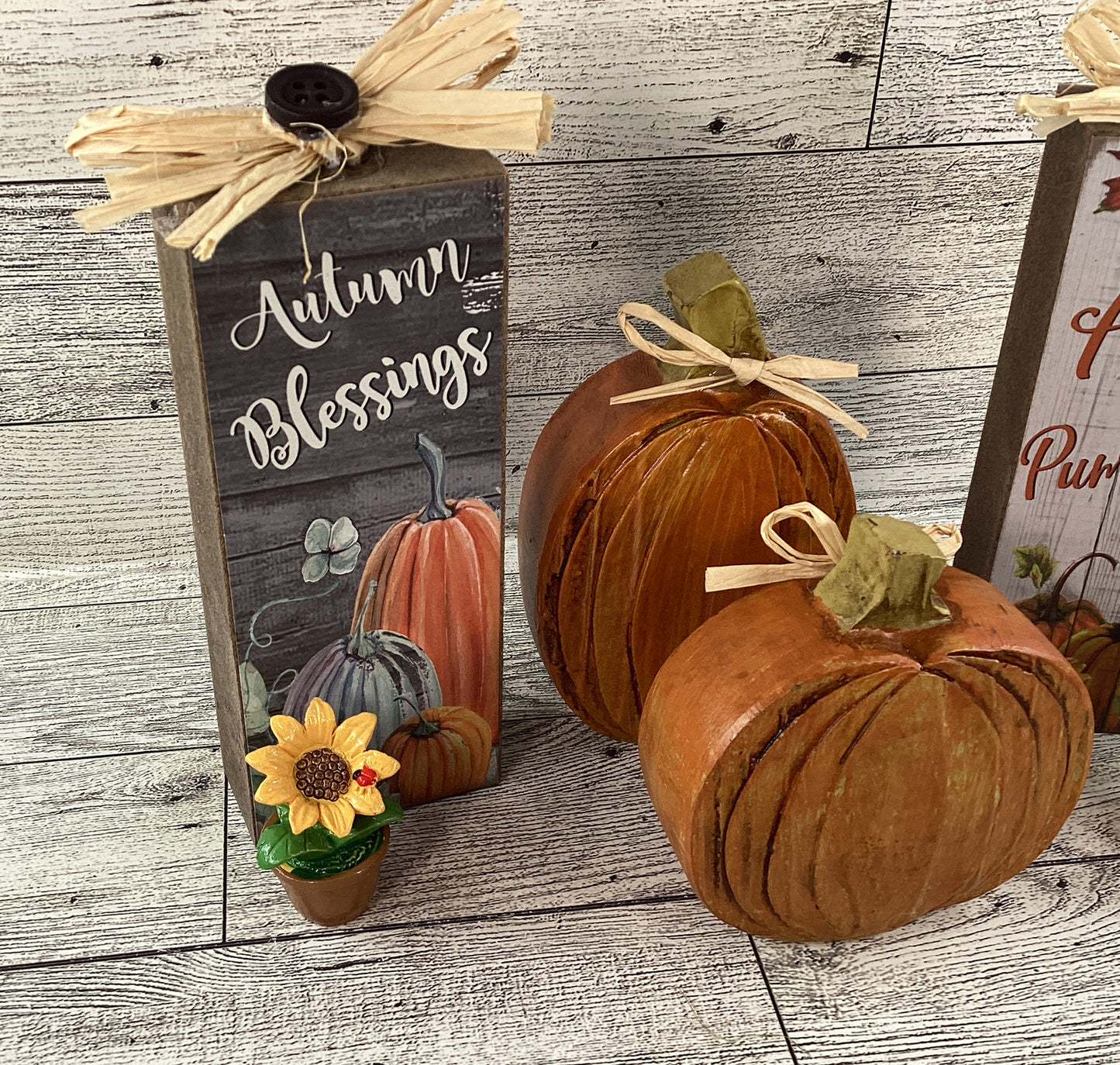 AGD Fall Decor - Resin Pumpkins Block Signs Mini Sunflowers Tier Tray 6pc