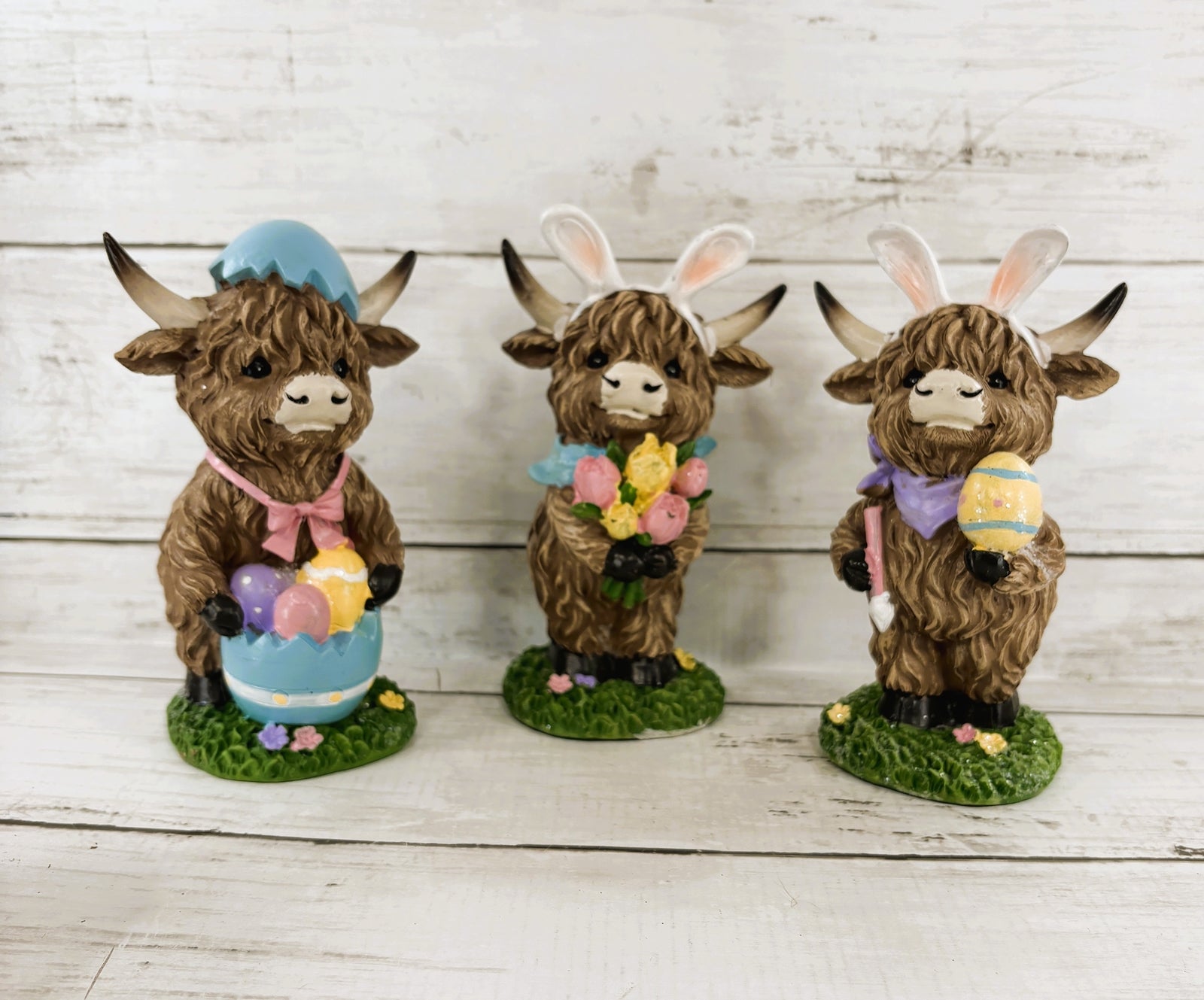 Gerson Easter Decor - Bunny Rabbit Eggs Resin Highland Cow Figurine 3pc