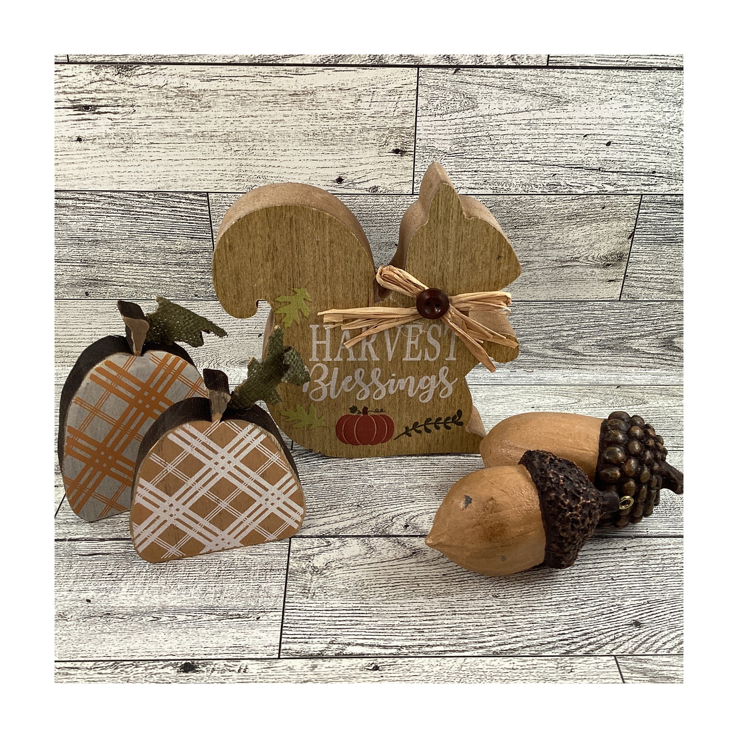 AGD Fall Decor - Chunky Wood Harvest Squirrel Pumpkins Resin Acorns 5pc