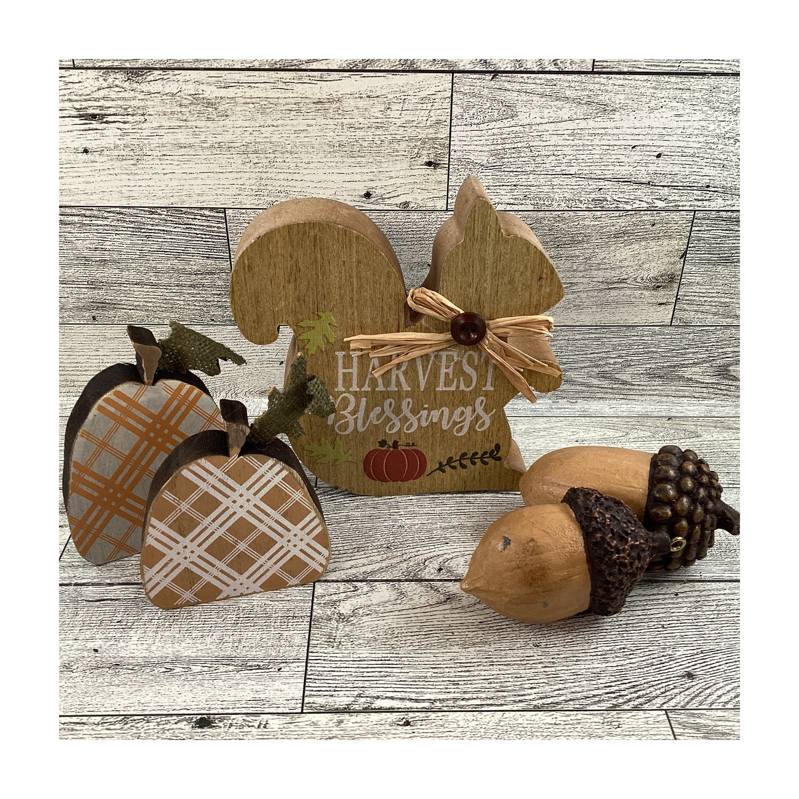 AGD Fall Decor - Chunky Wood Harvest Squirrel Pumpkins Resin Acorns 5pc