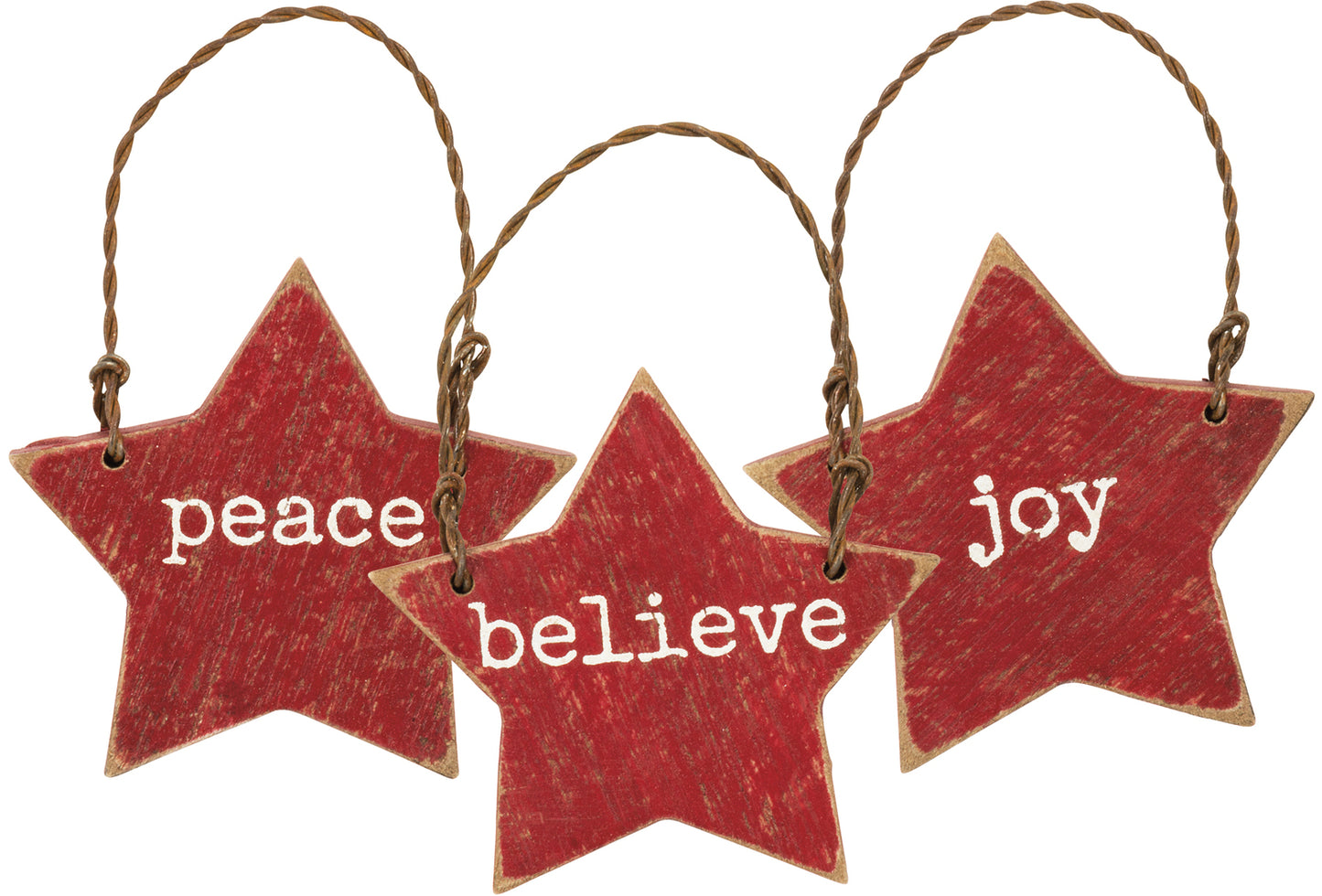 PBK Christmas Decor - Peace Joy Believe Prim Small Star Ornaments 3pc