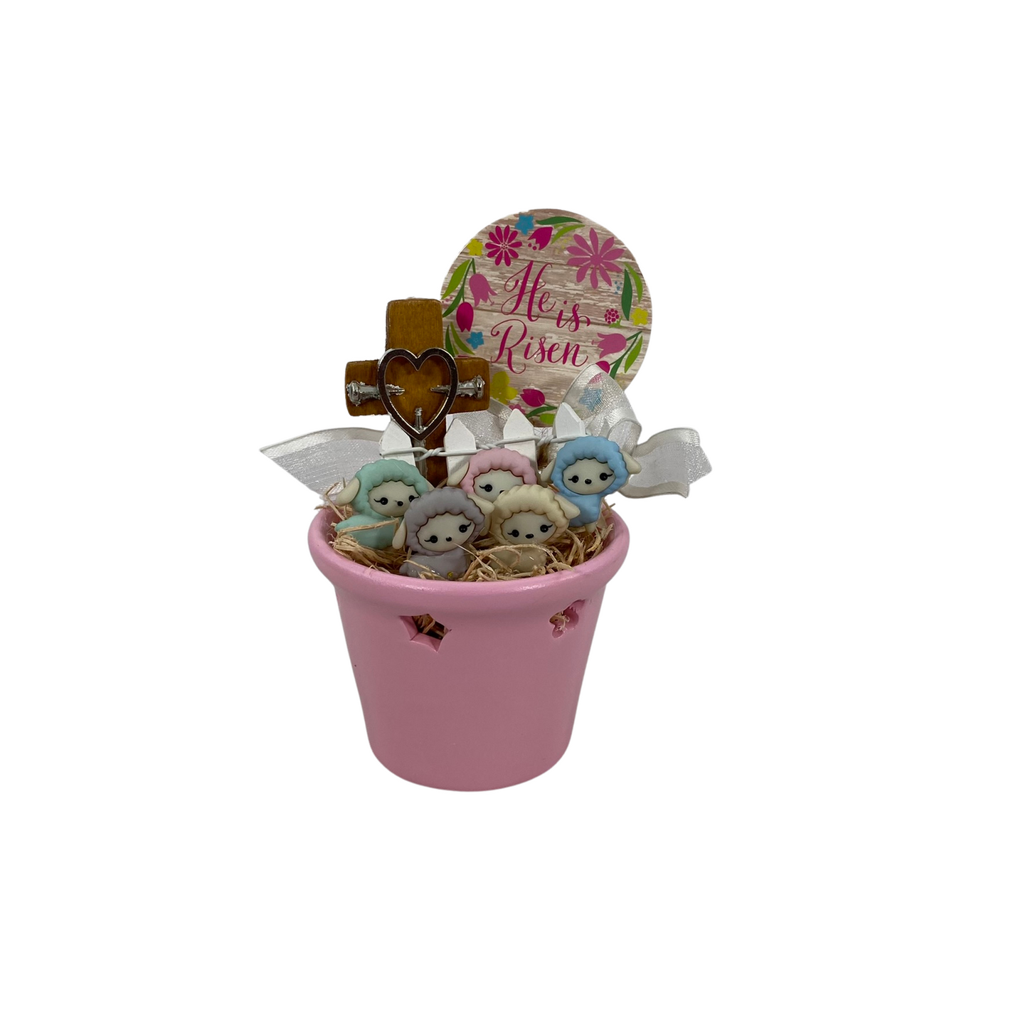 AGD Easter Decor - Miniature Lambs He Is Risen Pink Ceramic Jar