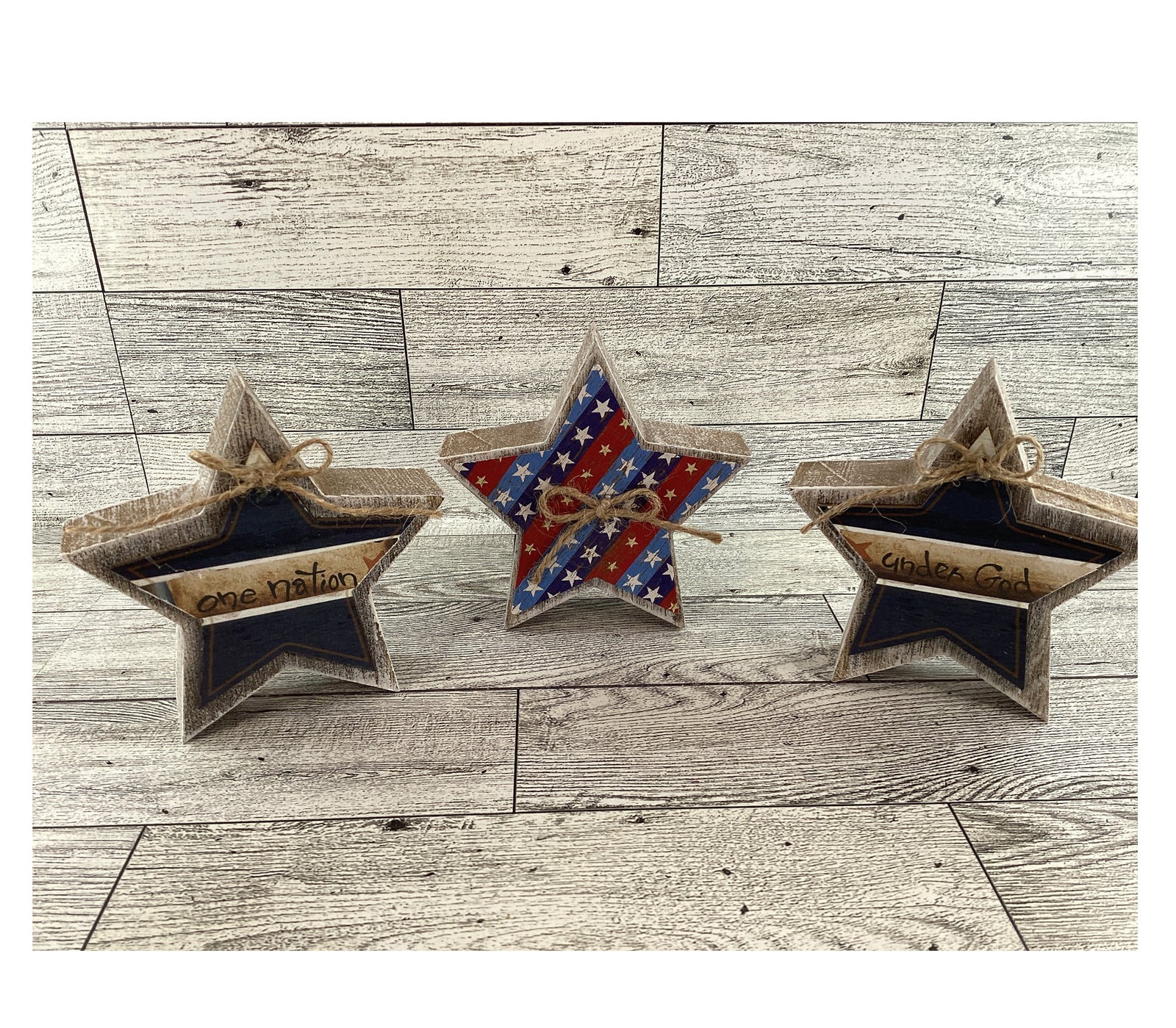 AGD Patriotic Decor - One Nation Under God Weathered Prim Stars Tier Tray 3pc