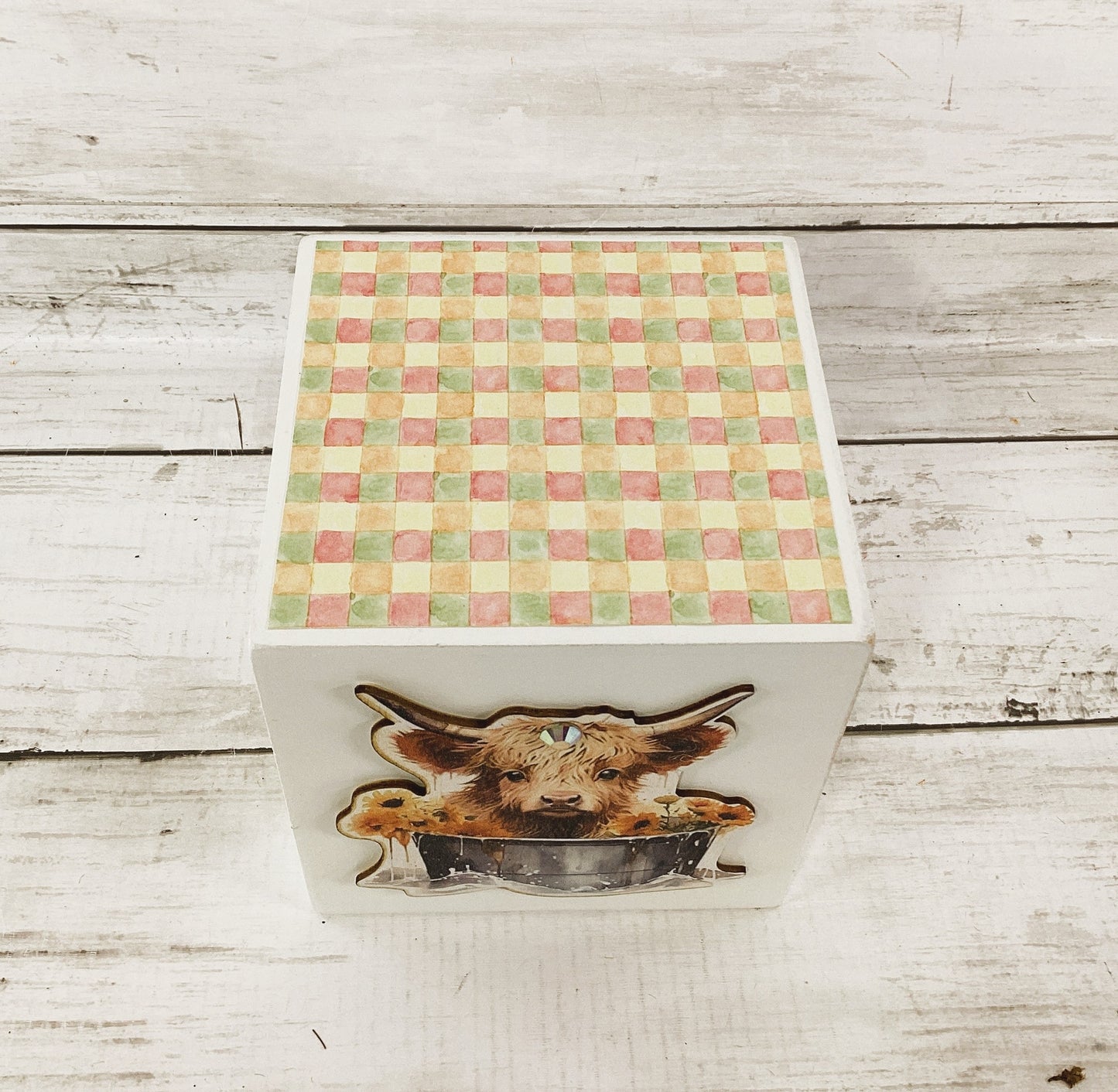 AGD Spring Decor - Floral Flower Highland Cow Chunky Block Sign 1pc