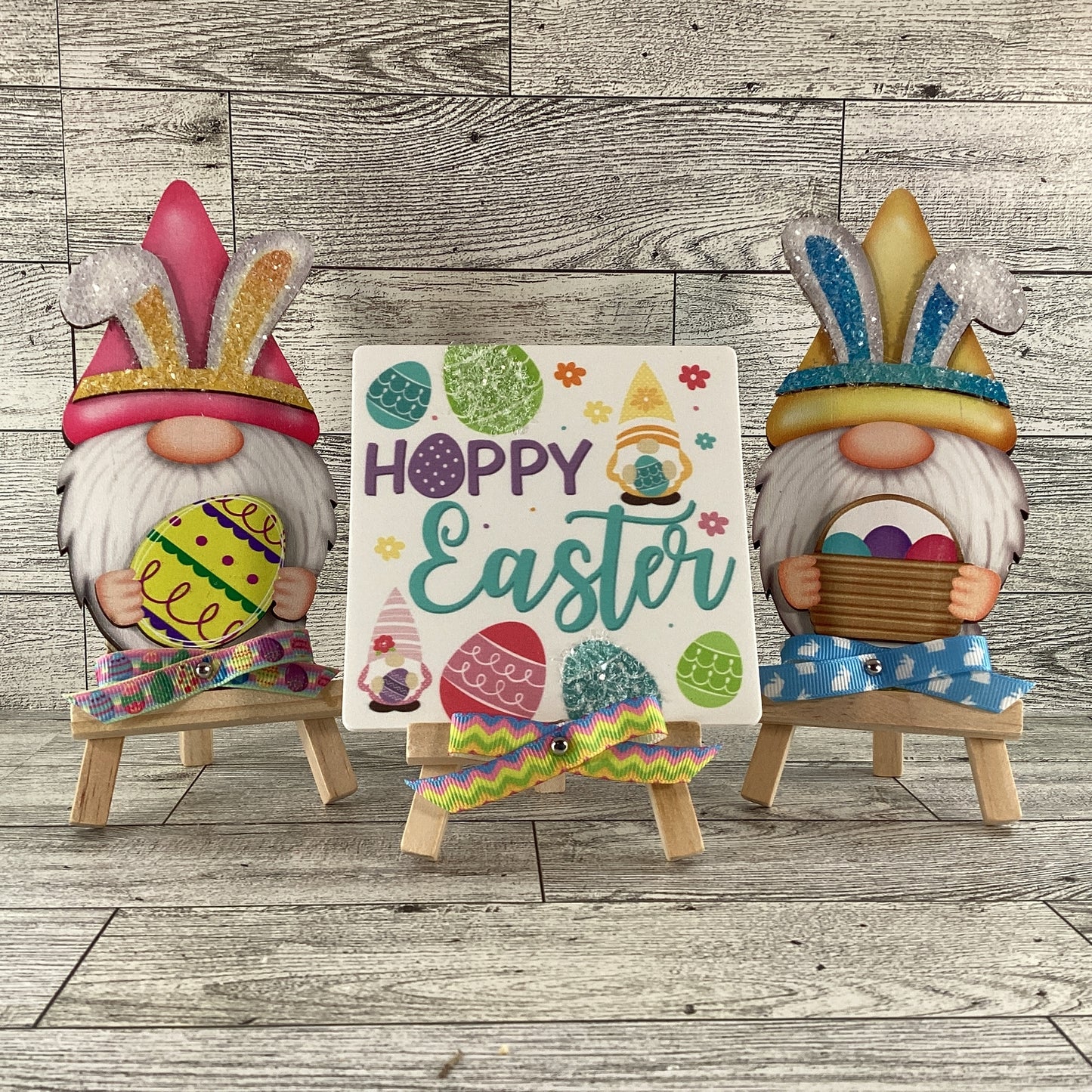 AGD Easter Decor - Wood Gnome Glitter Bunny Rabbit Tier Tray 3pc Set