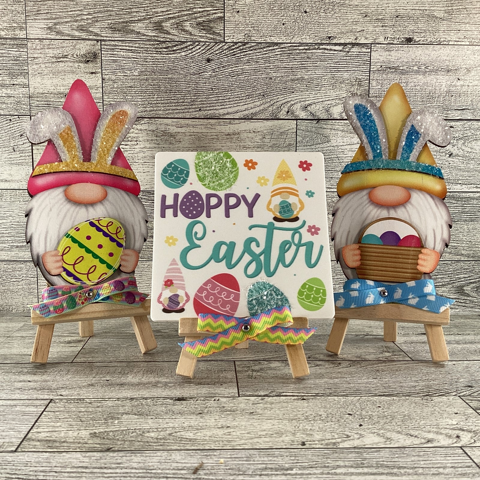 AGD Easter Decor - Wood Gnome Glitter Bunny Rabbit Tier Tray 3pc Set