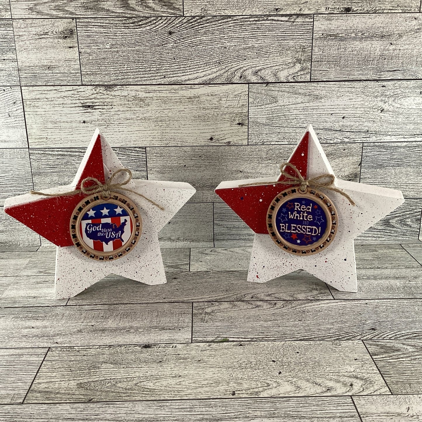 AGD Patriotic Decor - Red White God Bless Star Chunky Wood Sitter 2pc Set