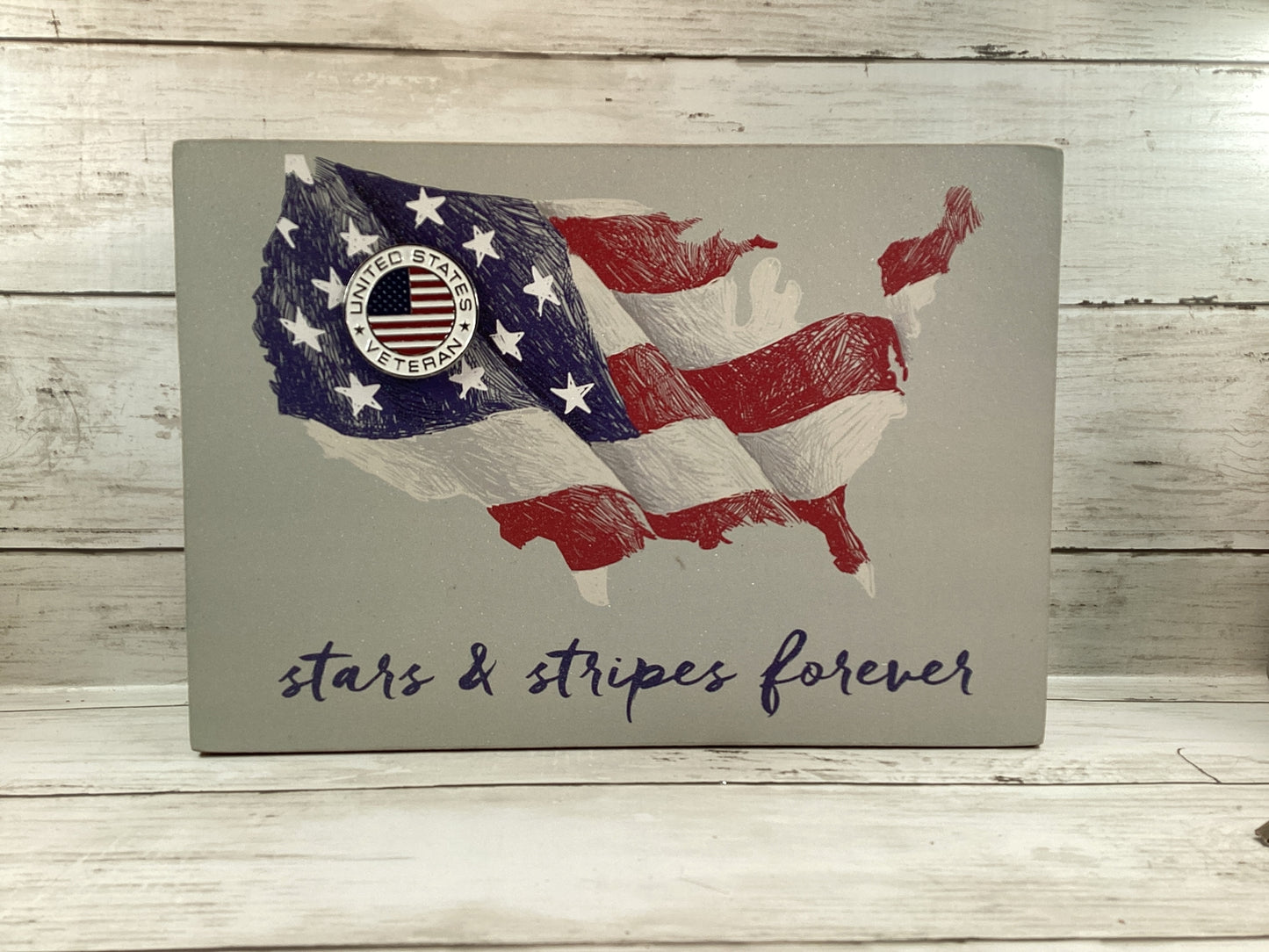 AGD Patriotic Decor - US Veteran Stars & Stripes Forever Wood Box Sign
