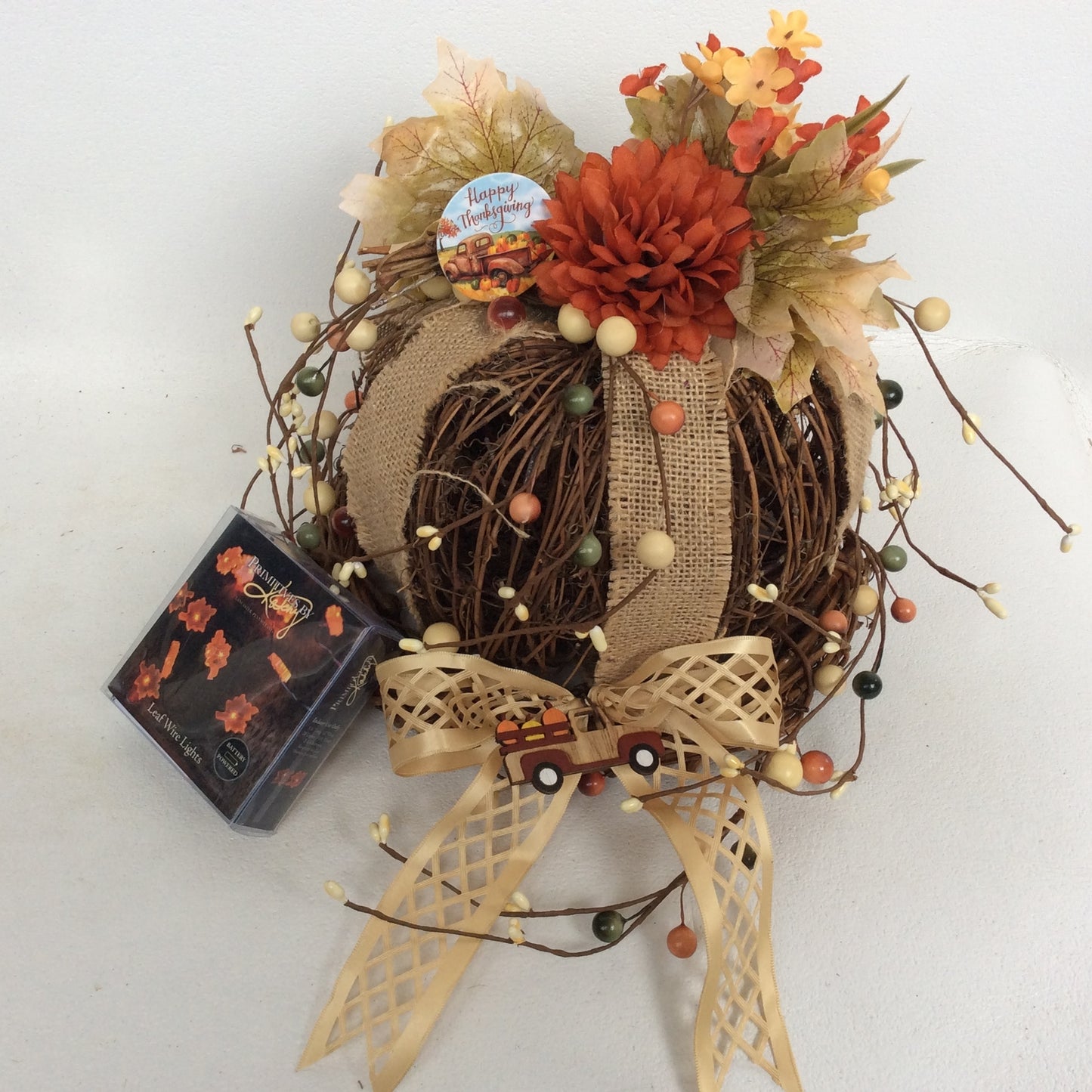 AGD Fall Decor- Happy Thanksgiving Floral Grapevine Pumpkin Display