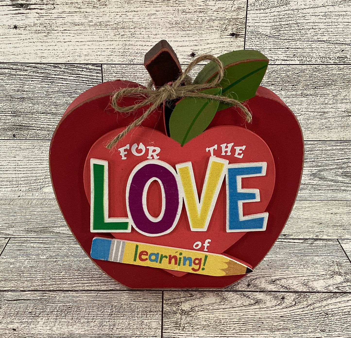 AGD Teacher Gift Decor - Love Learning Chunky Wood Apple Sitter
