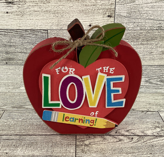 AGD Teacher Gift Decor - Love Learning Chunky Wood Apple Sitter