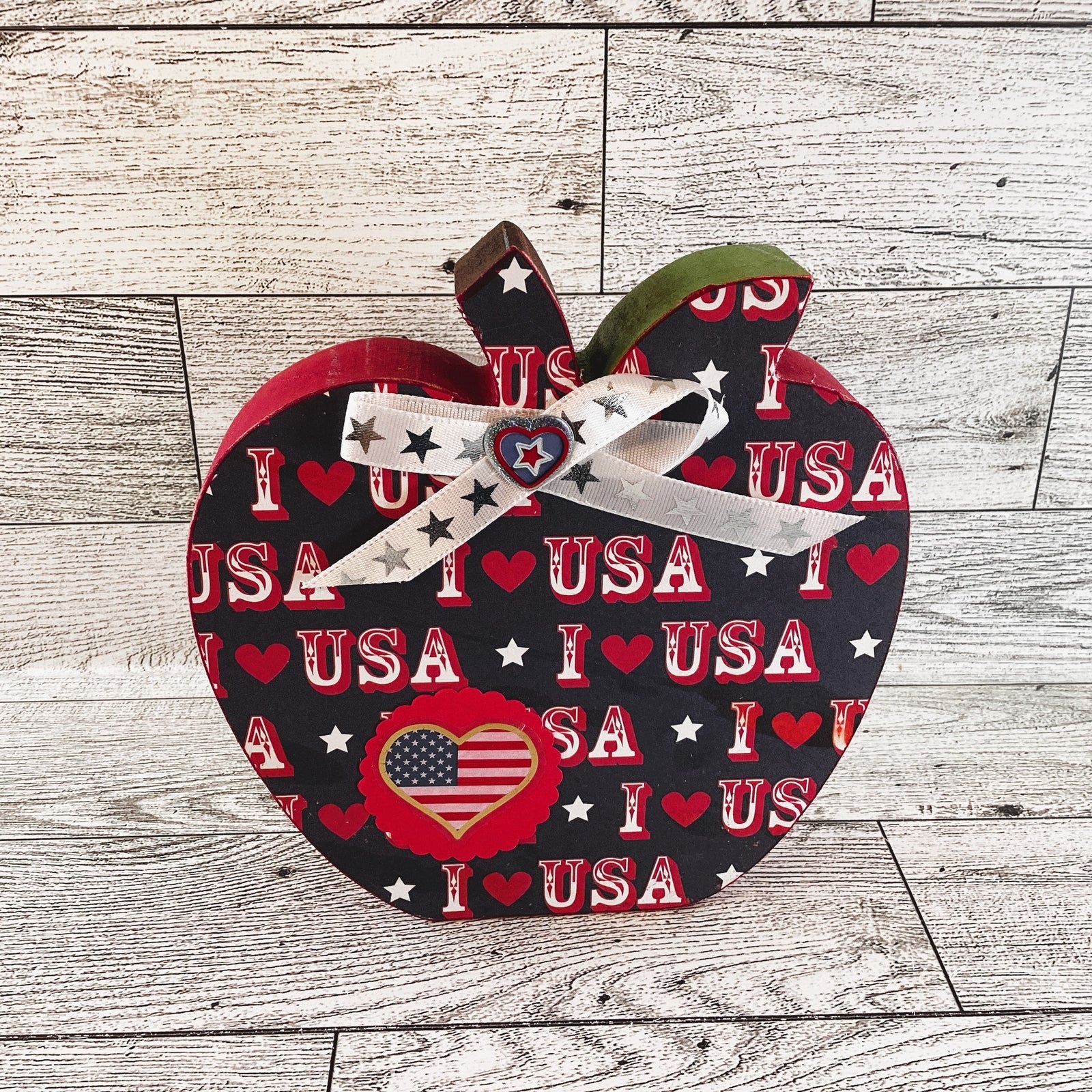 AGD Patriotic Decor - July 4th Red White Blue Chunky Wood Apple Sitter