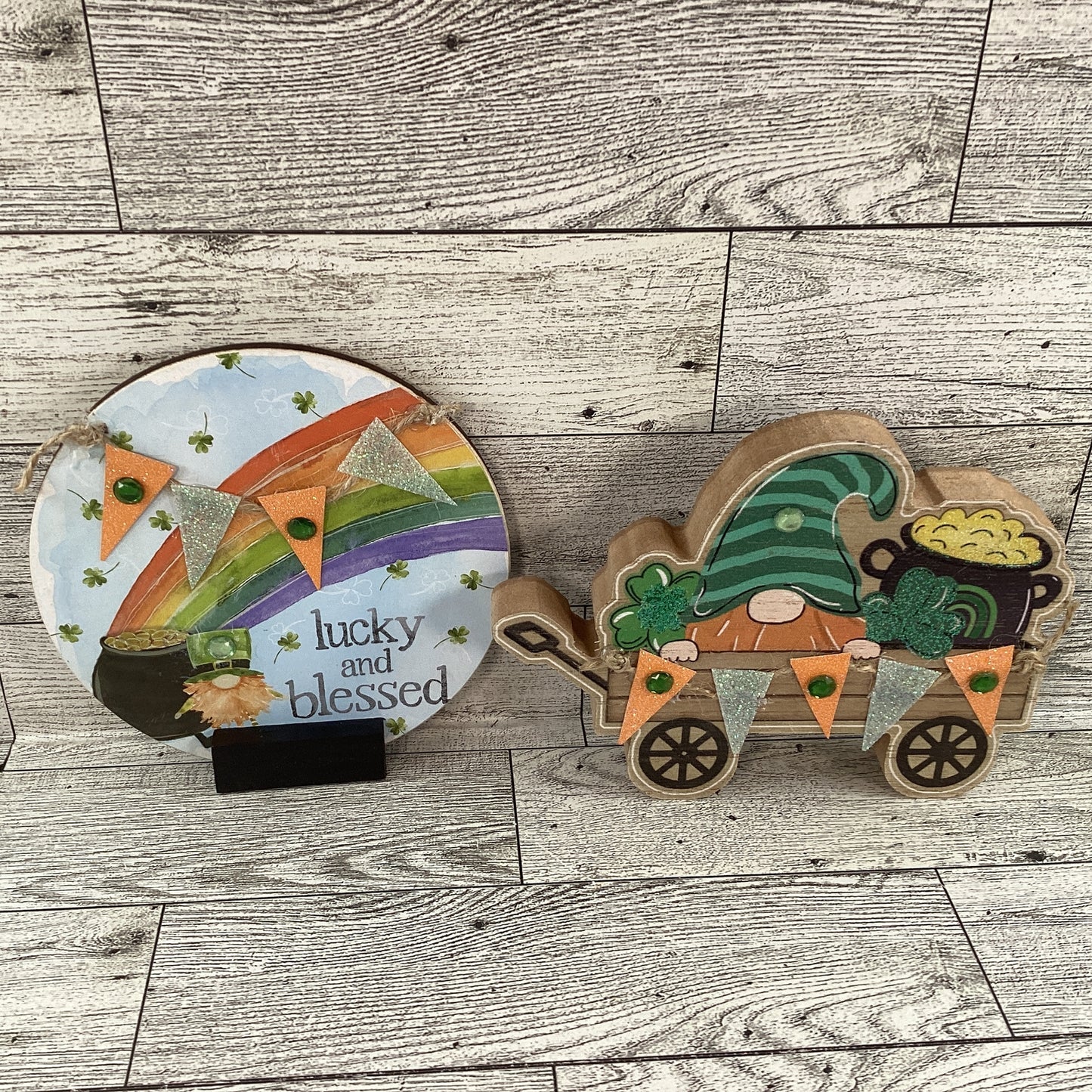 AGD St Patrick's Decor - Lucky Blessed Gnome Chunky Wagon Sign 2pc Set