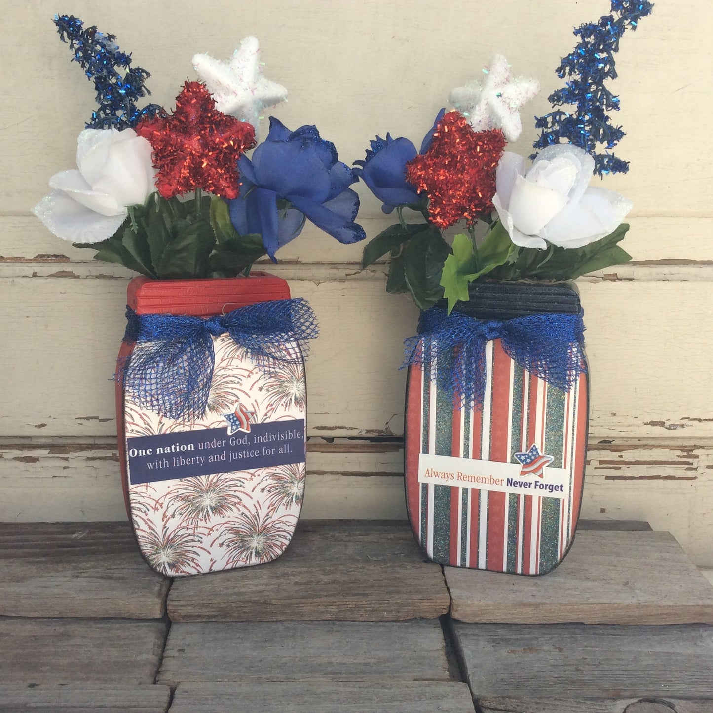AGD Patriotic Decor - One Nation Sept 11th Floral Wood Mason Jar 2pc Set