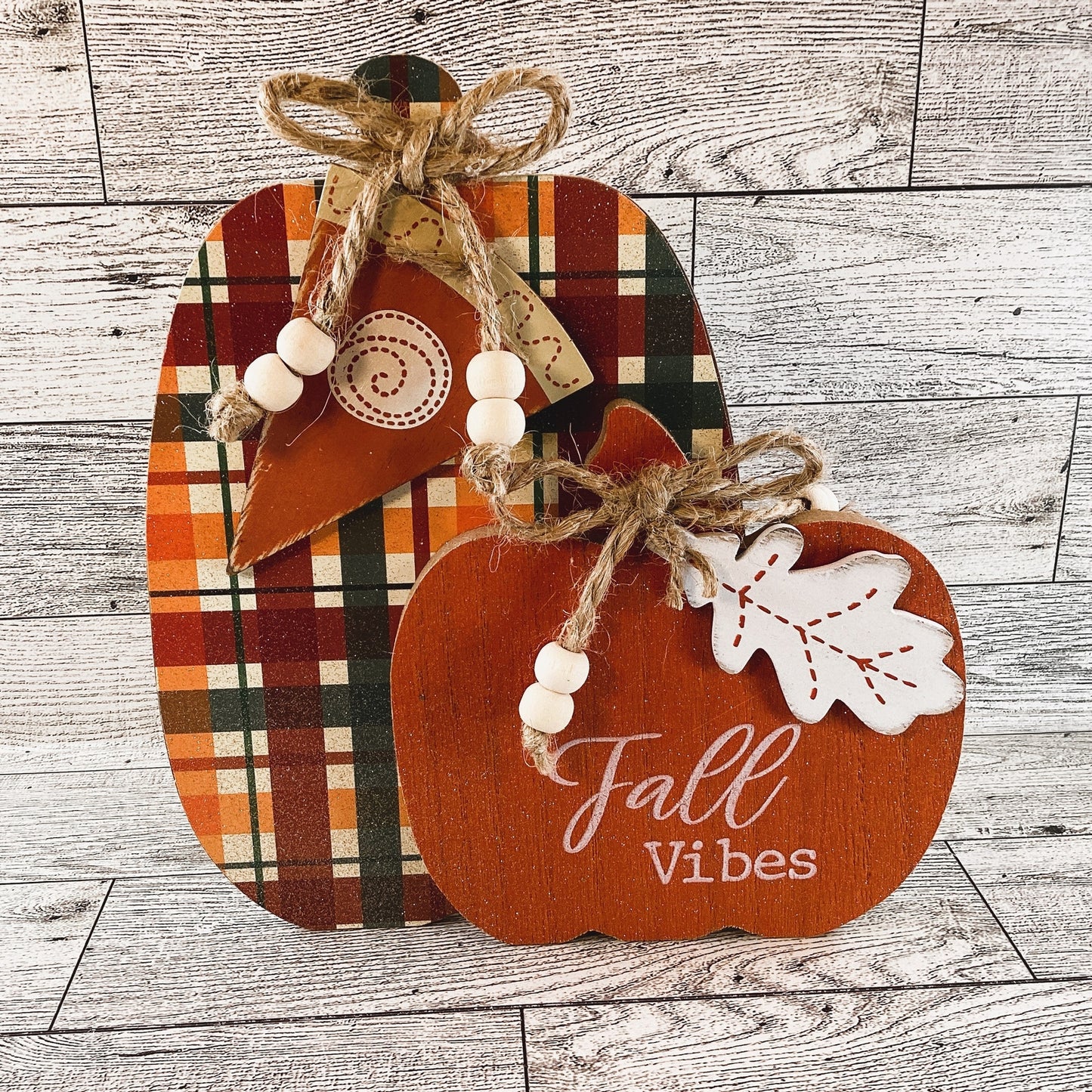 AGD Multi Color Plaid Pumpkin Fall Vibes Sign & Garland Tier Tray